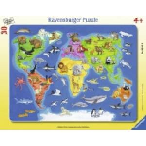 Ravensburger Verlag Ravensburger Kinderpuzzle - 06641 Weltkarte mit Tieren - Rahmenpuzzle für Kinder ab 4 Jahren, mit 30 Teilen