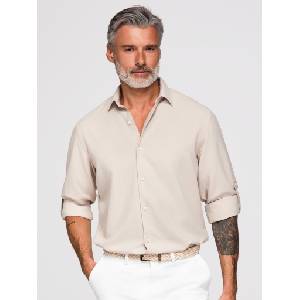 Ombre Clothing Мъжка риза от вискоза и лен, regular крой - бежова V1 OM-SHCS-0190 Ombre Clothing Ombre Clothing | Siv | МЪЖЕ | S