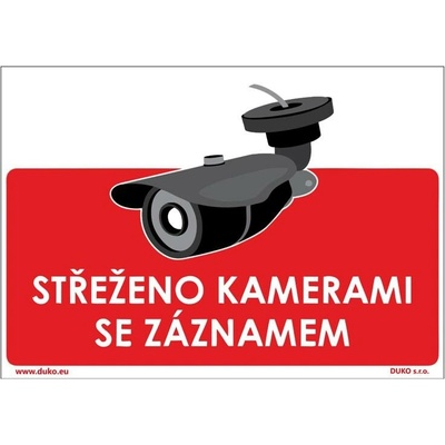 DUKO STŘEŽENO KAMERAMI SE ZÁZNAMEM tabulka červená Formát: 210 x 148 mm, Materiál: plast 1 mm, samolepící vinylová fólie
