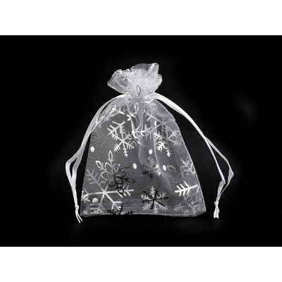 Vánoční dárkový pytlík vločky 9x12 cm organza - bílá stříbrná (10 ks)