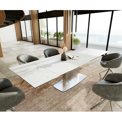 DELIFE Jídelní stůl Edge 200-300 x 100 keramika Laminam®Statuarietto bílá z nerezové oceli rozkládací