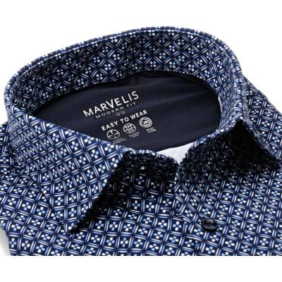 Marvelis Modern Fit Jersey elastická košile s modro-bilým mozaikovým vzorem tmavomodrá