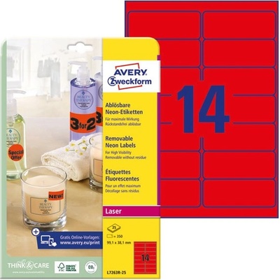 AVERY Етикет AVERY L7263R-25 99, 1x38, 1mm лазерен неоново червен 350 етикета/кутия 25 листа/кутия (L7263R-25)