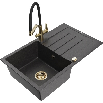 Mexen Bruno гранитна мивка с една камера с отцедник и кухненски смесител Duo, черен с пръски - 6513-76-671701-57-G (6513-76-671701-57-G)