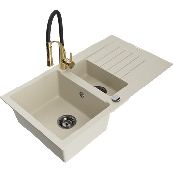 Mexen Matias гранитна мивка с 1, 5 корита с отцедник и кухненски смесител Aster, бежов - 6502-69-73450-57-B (6502-69-73450-57-B)