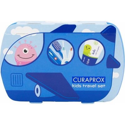 Curaprox Kids travel modrý zubná kefka + 2 x medzizubná kefka + CPS zubná pasta mäta 6+ 10 ml + 1 x nálepka darčeková sada
