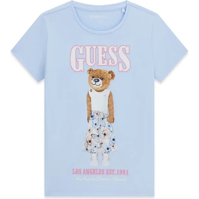 GUESS Светло синя тениска за момиче с цветно мече и бял надпис Guess