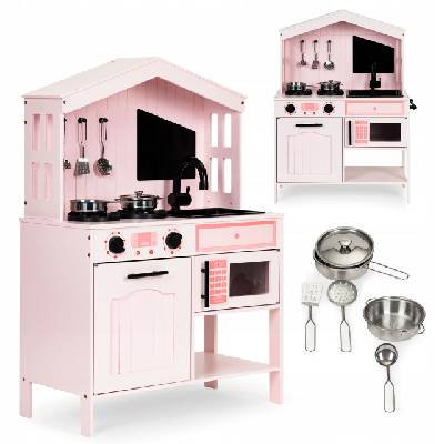 ECOTOYS Dětská dřevěná kuchyňka s horáky a příslušenstvím růžová