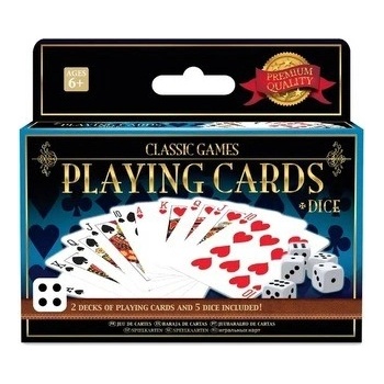Klasické hry 2 balíčky hracích kariet a 5 kociek