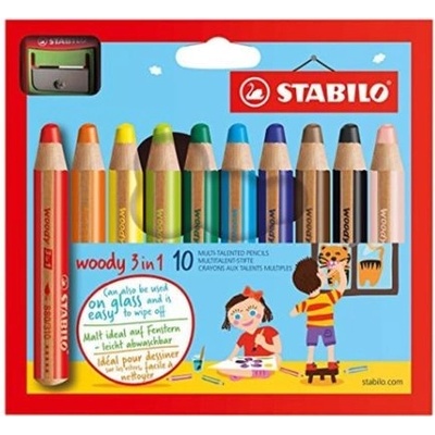 Woody Pastelka vodovka a voskovka v jednom STABILO 3 in 1 10 ks sada s strúhadlom