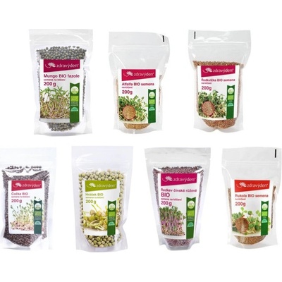 Sada 7 semínek - Hrášek, Ředkvička, Mungo, Ředkev čínská růžová BIO, Řeřicha BIO, Alfalfa BIO a Brokolice Raab BIO