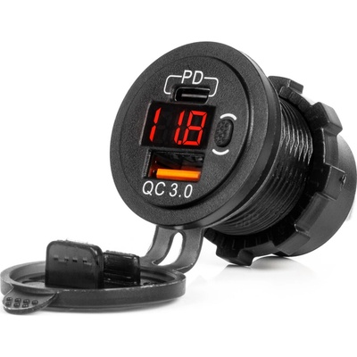 Nabíječka do auta USB + USB-C se spínačem a voltmetrem QC3.0 12/24V vodotěsná AMiO-04222, , , – Zbozi.Blesk.cz