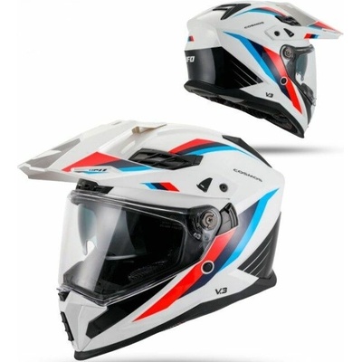 UFO helma COSMOS OFFROAD / DUAL / TOURER / CROSSOVER se štítem, kšiltem a sluneční clonou barva bílá/červená velikost XS ( ECE 22R06 ) - kolekce 2026