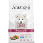 Amanova puppy sensitive salmon deluxe - пълноценна храна за подрастващи кученца от средни и едри породи с чувствителна кожа, със Сьомга и тиква - 2 кг, Испания - 33186