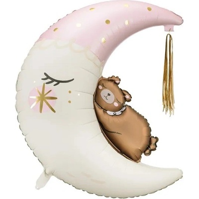 PartyDeco Velký fóliový balón Medvídek na měsíci 80x98 cm