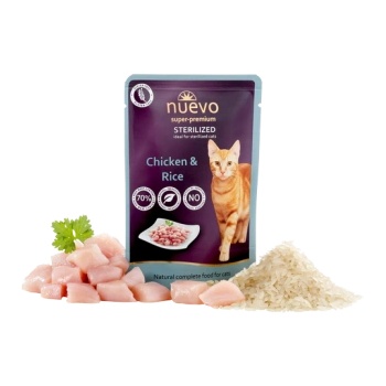 nuevo - Пауч за кастрирани котки с пиле и ориз, 85 гр