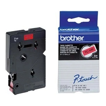 Brother TC-491, 9mm x 7, 7m, черен печат / червен фон, оригинална лента (TC491)