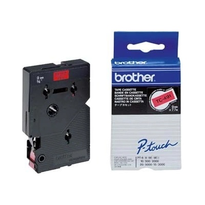 Brother TC-491, 9mm x 7, 7m, черен печат / червен фон, оригинална лента (TC491)