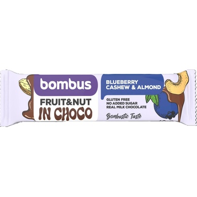 BOMBUS Ovocná tyčinka v čokoláde Čučoriedka, Kešu a Mandle 40g