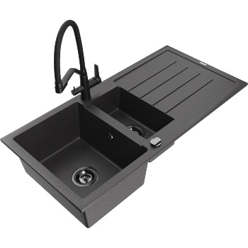 Mexen Andres гранитна мивка 1, 5-коморна с отцедник и кухненски смесител Duo, черен на точки - 6515-76-671701-70-B (6515-76-671701-70-B)