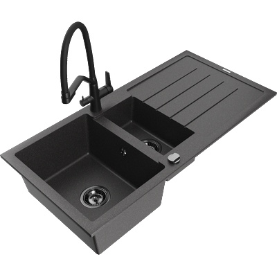 Mexen Andres гранитна мивка 1, 5-коморна с отцедник и кухненски смесител Duo, черен на точки - 6515-76-671701-70-B (6515-76-671701-70-B)