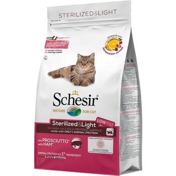 Schesir Cat Sterilized & Light - Пълноценна суха храна за кастрирани израснали котки или с наднормено тегло, със свинско месо, 1.5 кг