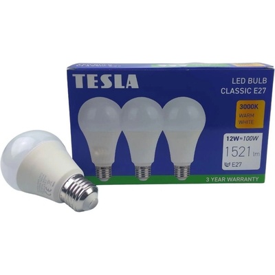 Tesla LED žárovka - LED žárovka BULB E27, 12W, 230V, 1521lm, 25 000h, 3000K teplá bílá 220st, 3 pack BL271230-3PACK