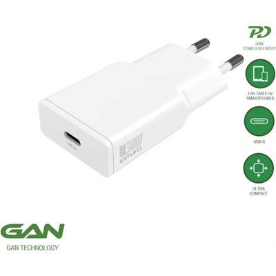 4smarts Захранване за ел. мрежа с USB-C PD изход с технология за бързо зареждане (бял) - 4smarts GaN 1C Slim PD Wall Charger USB-C 30W (541124)
