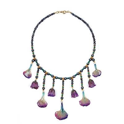 Колие с естествени рози и венчелистчета от карамфил, перли и кристали Swarovski Rhapsody In Purple Dannyra Jewels