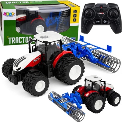 LEAN Toys RC traktor s pripojiteľným poľnohospodárskym valcom 1:24, červený, so svetlami RTR