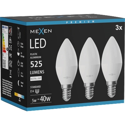 Mexen Nova 3x LED крушка E14, C37, 5W, Неутрална - 4000K, 525 lm - L102-E14-0540-01x03 (L102-E14-0540-01x03)