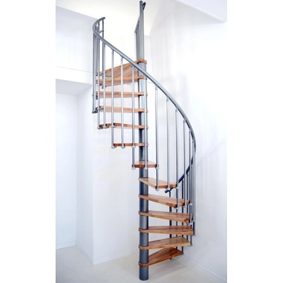 Minka Berlin Smart Grey - točité schody, průměr 120 cm nebo 140 cm · nášlapy buk 35 mm · šedá barva konstrukce
