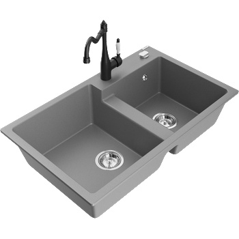 Mexen Tomas кухненска мивка гранитна 2-коморна с кухненски смесител Carla, сив - 6516-71-670700-70 (6516-71-670700-70)