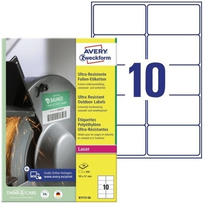 Avery Zweckform Etikety pro laser 50 listů A4 bílé 99 x 57 mm ultra odolné vůči počasí B7173-50