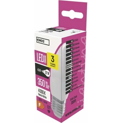 Emos LED žiarovka CANDLE, 4W 30W E27, NW neutrálna biela, 330 lm, Classic A+