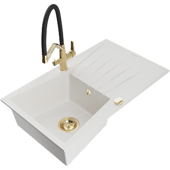 Mexen Cesar гранитна кухненска мивка с 1 корито с отцедник и Duo смесител, бял - 6514-20-671701-57-G (6514-20-671701-57-G)