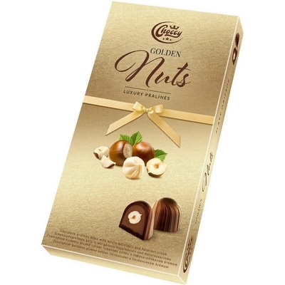 Choccy Golden Nuts Čokoládové bonbóny plněné lískooříškovým krémem a celými lískovými oříšky 98 g