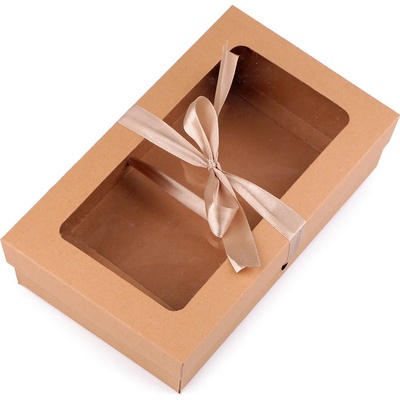 Papírová krabička s průhledem a stuhou hnědá přírodní 15,5 x 25,5 x 5 cm