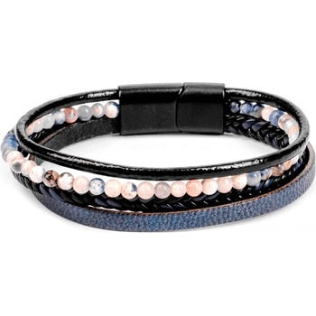 Base Мъжки комплект гривни от естествена кожа и мъниста - Черно-Син 20230901005 (404267_Светло син)