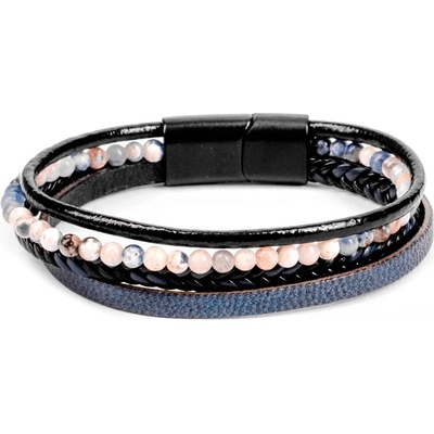 Base Мъжки комплект гривни от естествена кожа и мъниста - Черно-Син 20230901005 (404267_Светло син)