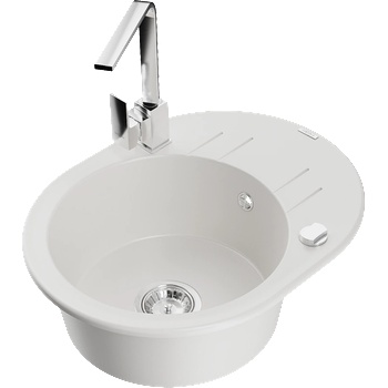 Mexen Kevin еднокоморна гранитна мивка с сушилник и кухненски смесител Rita, бял - 6517-20-670300-00 (6517-20-670300-00)