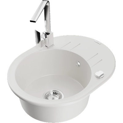 Mexen Kevin еднокоморна гранитна мивка с сушилник и кухненски смесител Rita, бял - 6517-20-670300-00 (6517-20-670300-00)