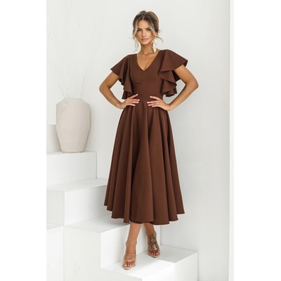 Warsaw Dress midi šaty s volánovými rukávmi hnedé