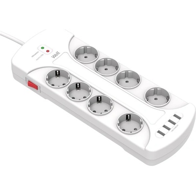 Well Разпределение на захранването 8, 4x USB-A, с пренапрежение, с превключвател, 3 м, бял EXTS-8S3M-PROT/USB4-WL (EXTS-8S3M-PROT/USB4-WL)