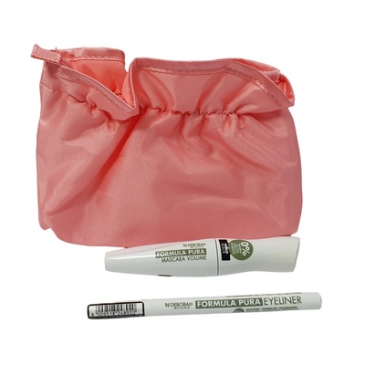 Deborah Комплект Deborah: Formula Pura обемна спирала черна 12 ml + Formula Pura гел молив за очи черна 15 g + текстилна чантичка за гримове розова