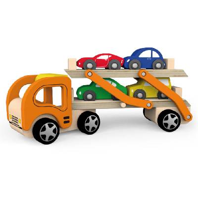 Дървен детски камион автовоз с четири коли - Viga Toys