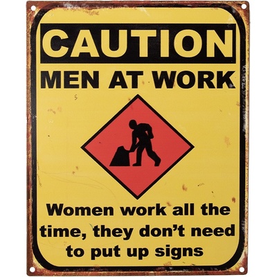Žlutá antik nástěnná kovová cedule Caution, Men At Work - 20*1*25 cm - Clayre & Eef