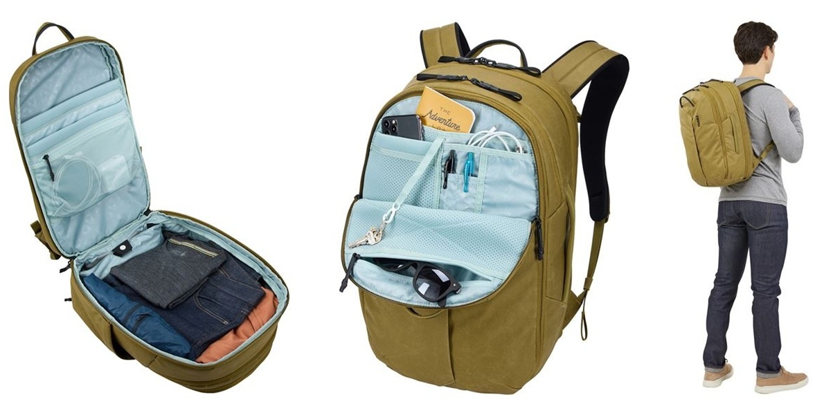 Ukázka přehledně uspořádaných věcí v batohu Thule Aion TATB128 nutria 28 l