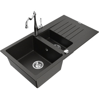 Mexen Matias мивка от гранит 1, 5-камерна с отцедник и кухненски смесител Carla, черен/златен металик - 6502-75-670700-00 (6502-75-670700-00)