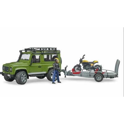 Bruder 2589 Land Rover s motocyklem Ducati Scrambler a řidičem 1:16